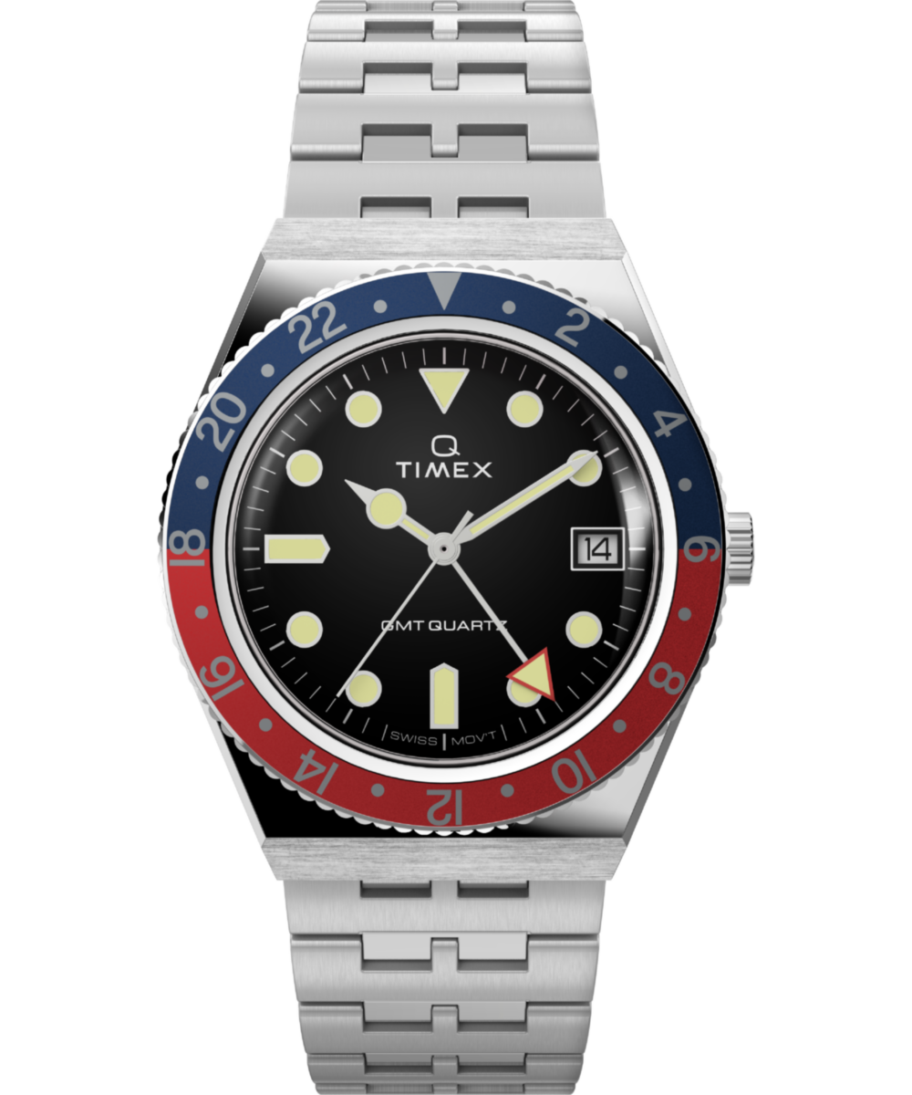 Q Timex GMT 38mm Stainless Steel Bracelet Watch