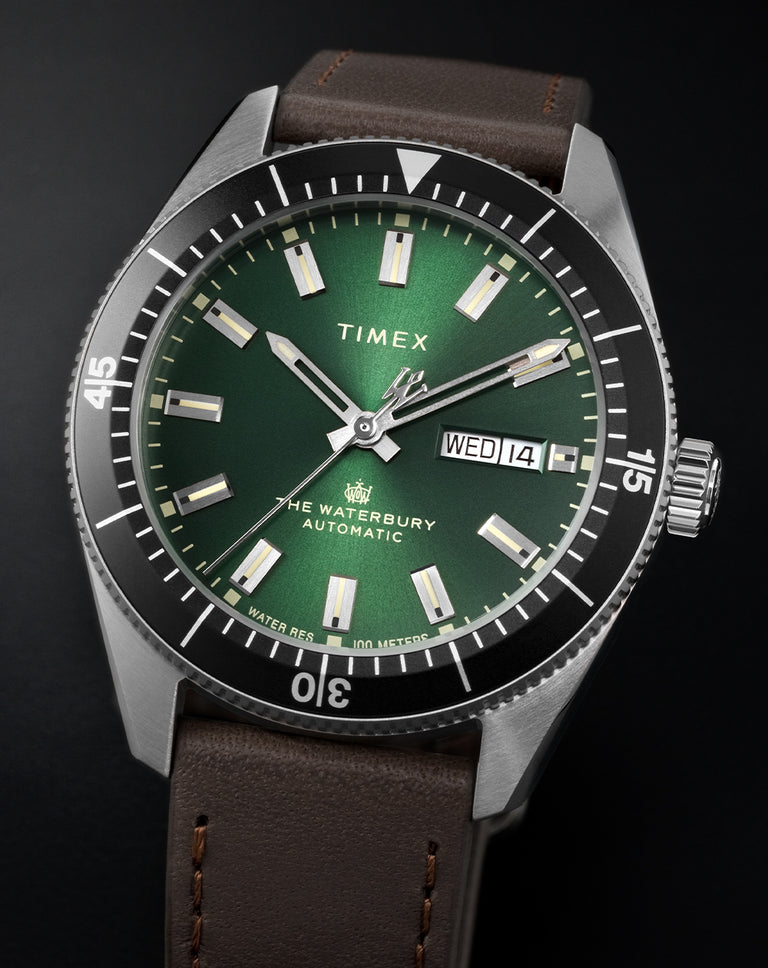 Automatic Watches featuring the Waterbury Dive Automatic 40mm Leather Strap Watch with a Green sunray dial.