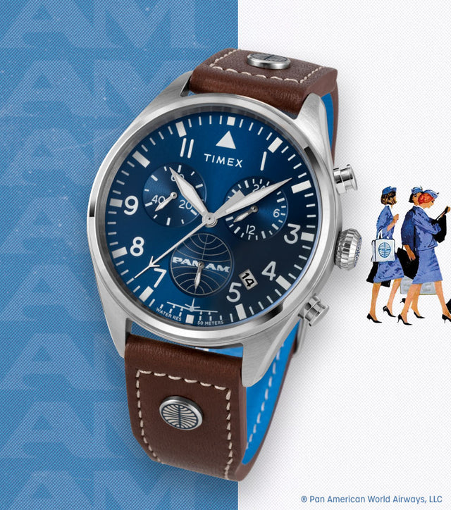 Timex collaboration with Pan Am Plane watch beauty shot