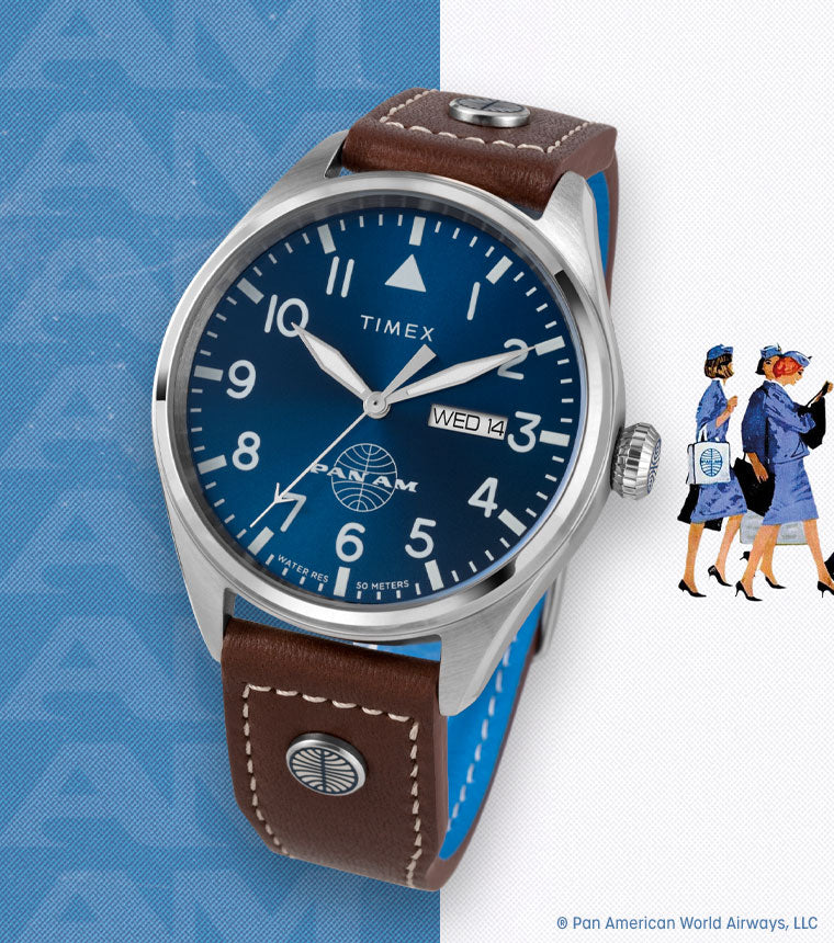 Timex X Pan Am Day-Date 42mm Leather Strap Watch - TWG030100 | Timex EU