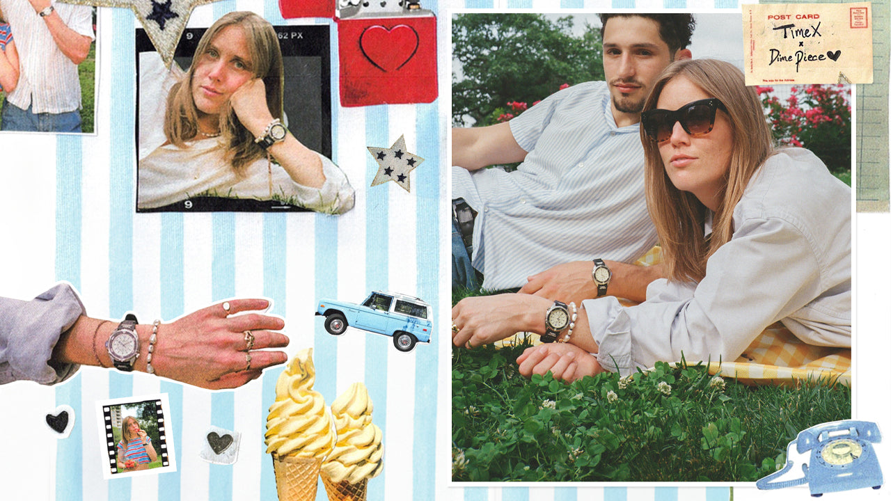A collage featuring a young couple lounging on a picnic blanket wearing Timex x Dimepiece watches. The woman wears oversized black sunglasses, a light button-down shirt, and a chunky pearl bracelet beside the black watch. The man wears a light blue striped shirt and the same watch style. Surrounding images show close-ups of the woman's wrist, vintage stickers like ice cream cones, a blue toy car, stars, and a red lighter with a heart. A "Postcard" graphic in the top right corner reads "Timex x Dimepiece ♥"