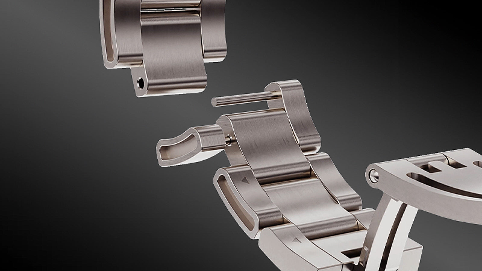 Close-up of the stainless steel bracelet links and clasp of the Timex Waterbury Ace Chronograph, highlighting its construction and brushed finish.