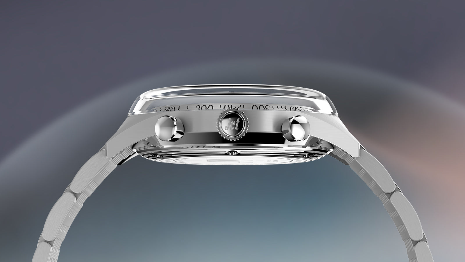 Side render view of the Timex Marlin® Jet Quartz Chronograph. The slim polished case, chronograph pushers, and etched “Jet” crown are shown in high detail against a soft gradient background.