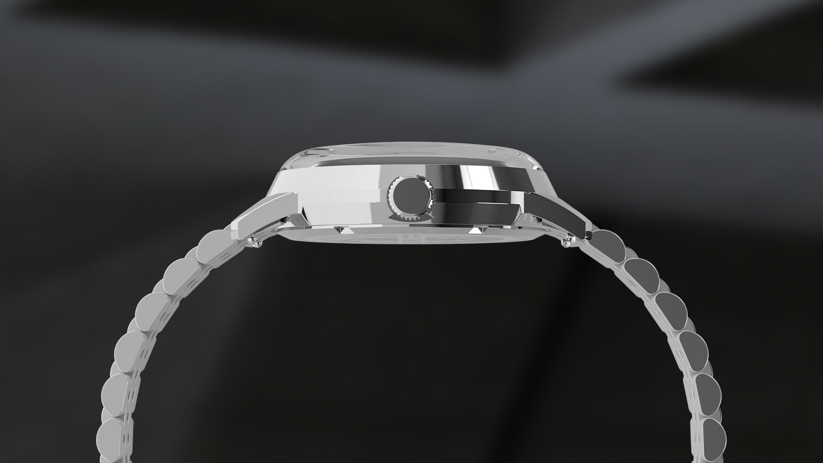 Side profile of the Timex Marlin® Quartz GMT showing its polished stainless-steel case, slightly domed crystal, and textured crown, attached to a stainless-steel bracelet, on a blurred dark background.