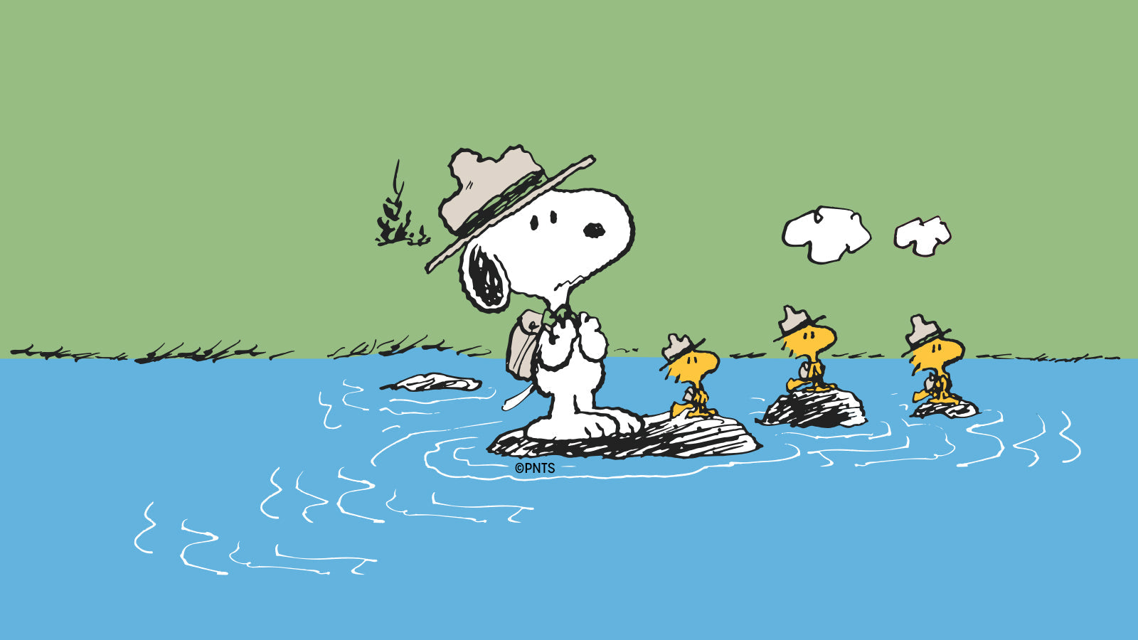 Illustration of Snoopy and three Woodstocks standing on rocks in a stream, wearing ranger hats and carrying backpacks, with a grassy background and a few white clouds in the sky.