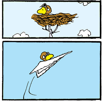 Woodstock, wearing aviator goggles, sits in a nest in the top panel, then flies away on a paper airplane in the bottom panel.