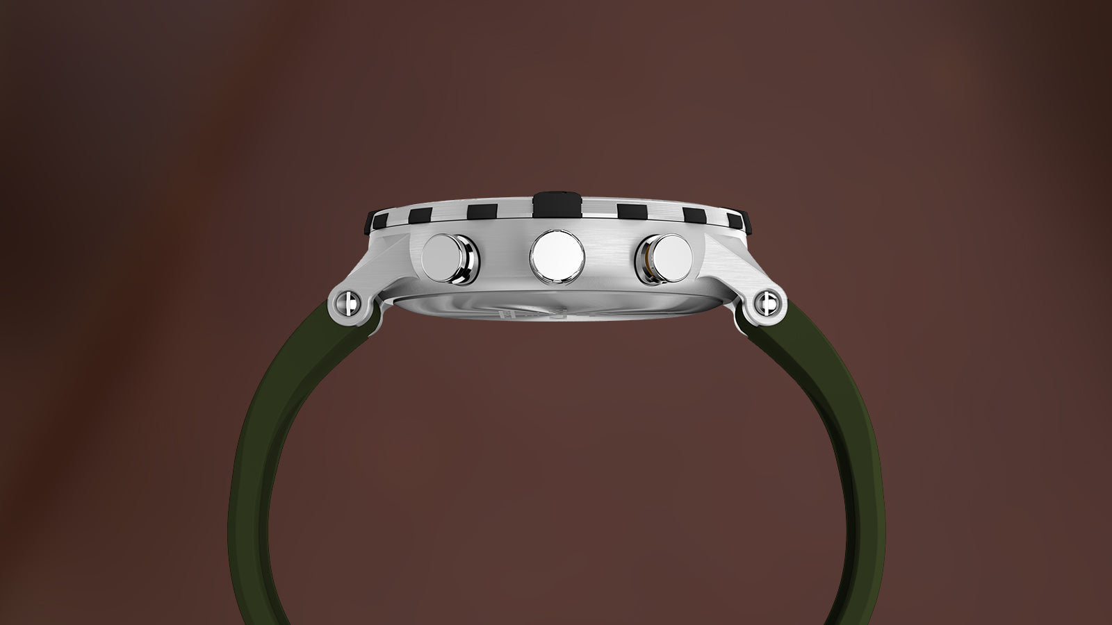 Side profile of the Timex Expedition® Tide-Temp-Compass watch with a green strap, showing the stainless-steel case and three push buttons.