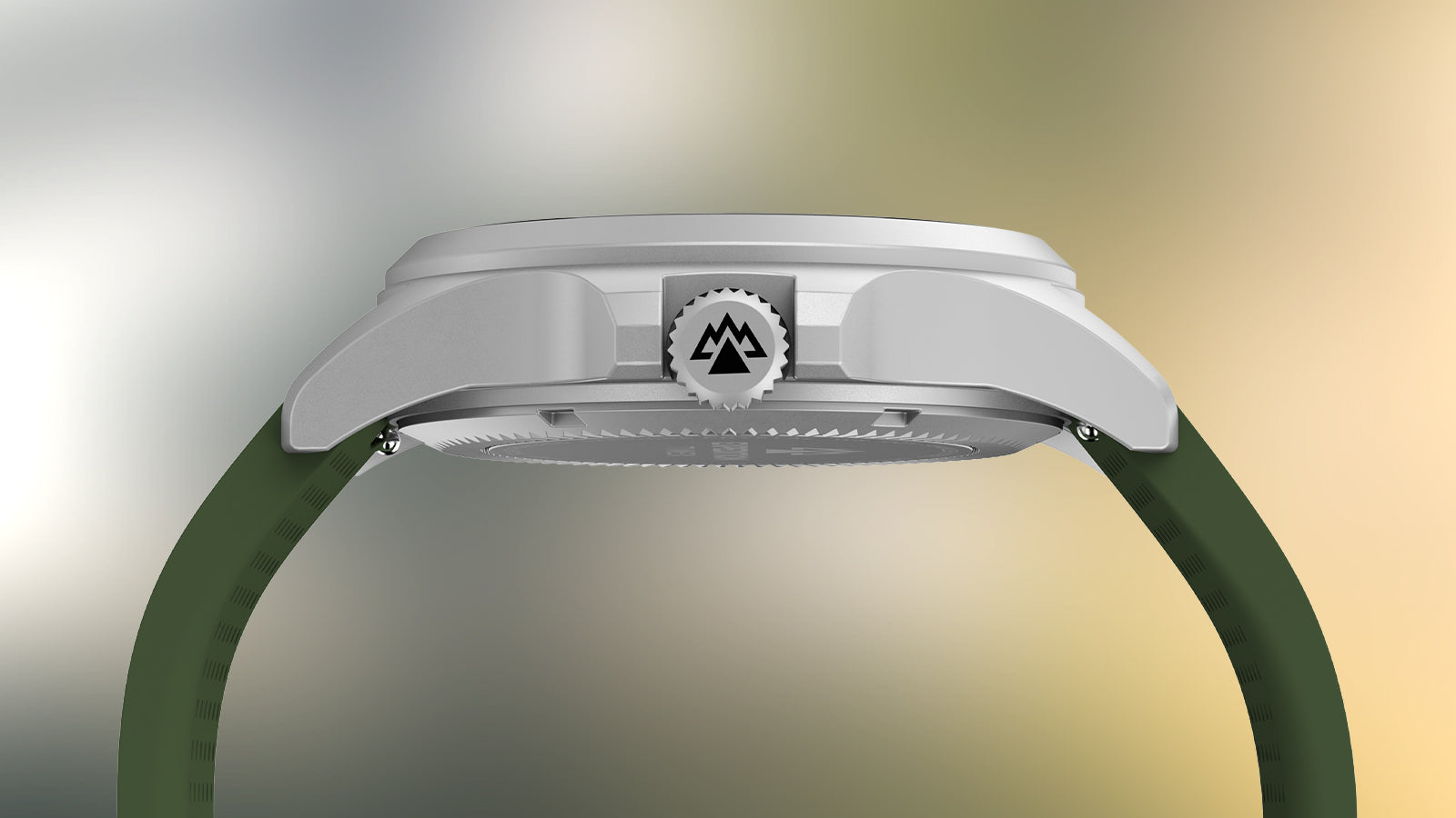 Side profile of the Timex Expedition® Field Post Solar, highlighting the stainless steel case and engraved crown with mountain logo.