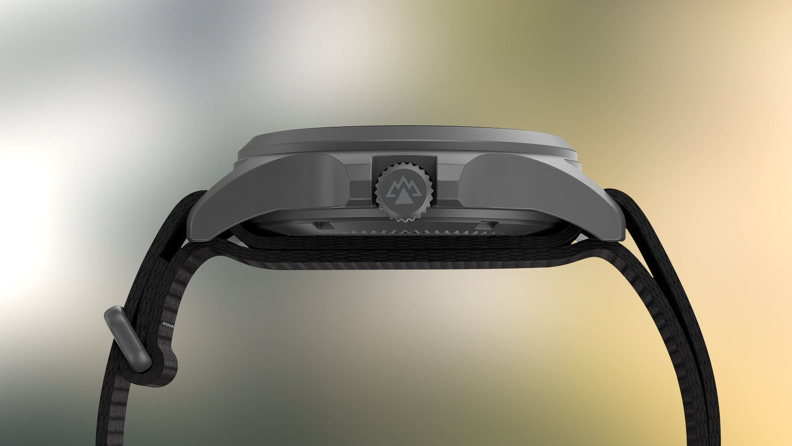 Side profile of the Expedition® Field Post Solar showing slim matte case, engraved mountain logo crown, and durable black fabric strap.