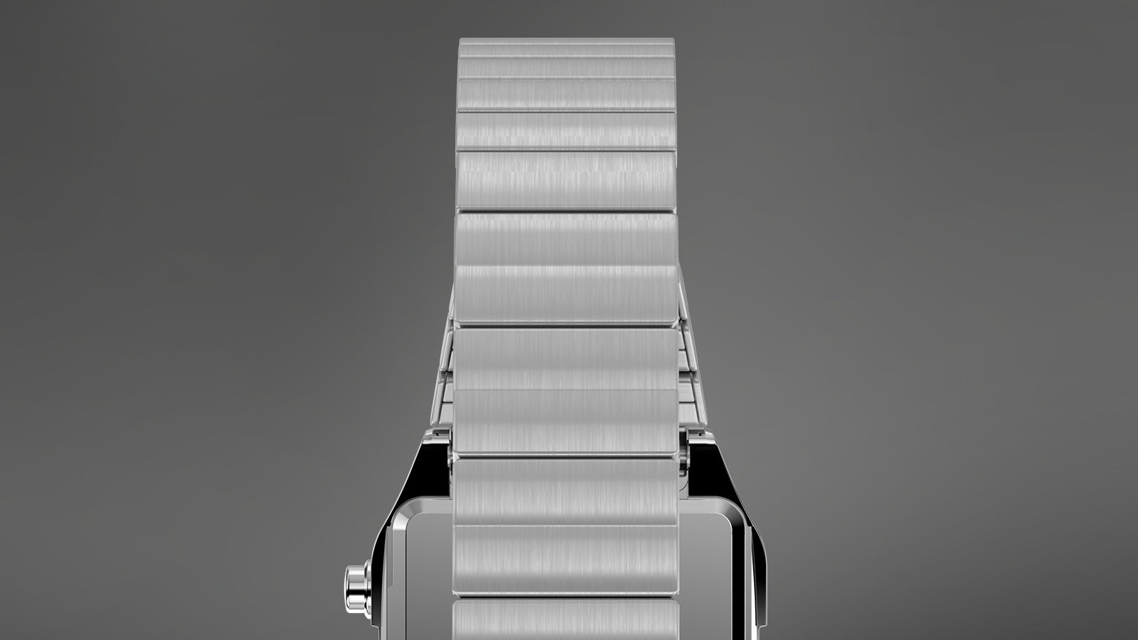 Top-down view of the Teeny Tiny Timex watch bracelet showing its brushed stainless-steel expansion links and seamless integration with the mini rectangular digital case, reflecting its elegant craftsmanship.