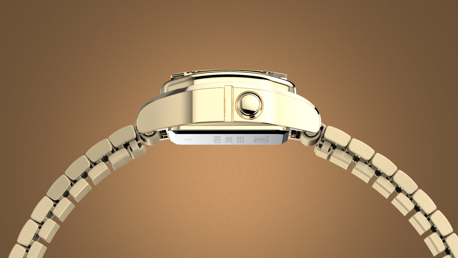 Side profile of the gold-tone Teeny Tiny Timex digital watch showing its slim, polished stainless-steel case and crown design. The flexible metal bracelet curves elegantly, highlighting its minimalist retro craftsmanship.