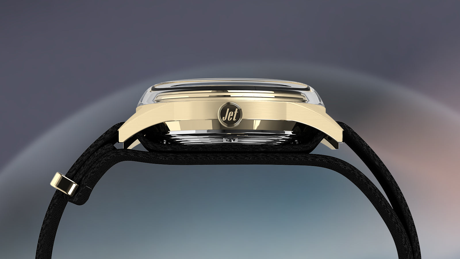 Side view of the Timex Marlin® Jet Automatic showing its gold-tone case, domed crystal, and crown engraved with "Jet," paired with a black strap.