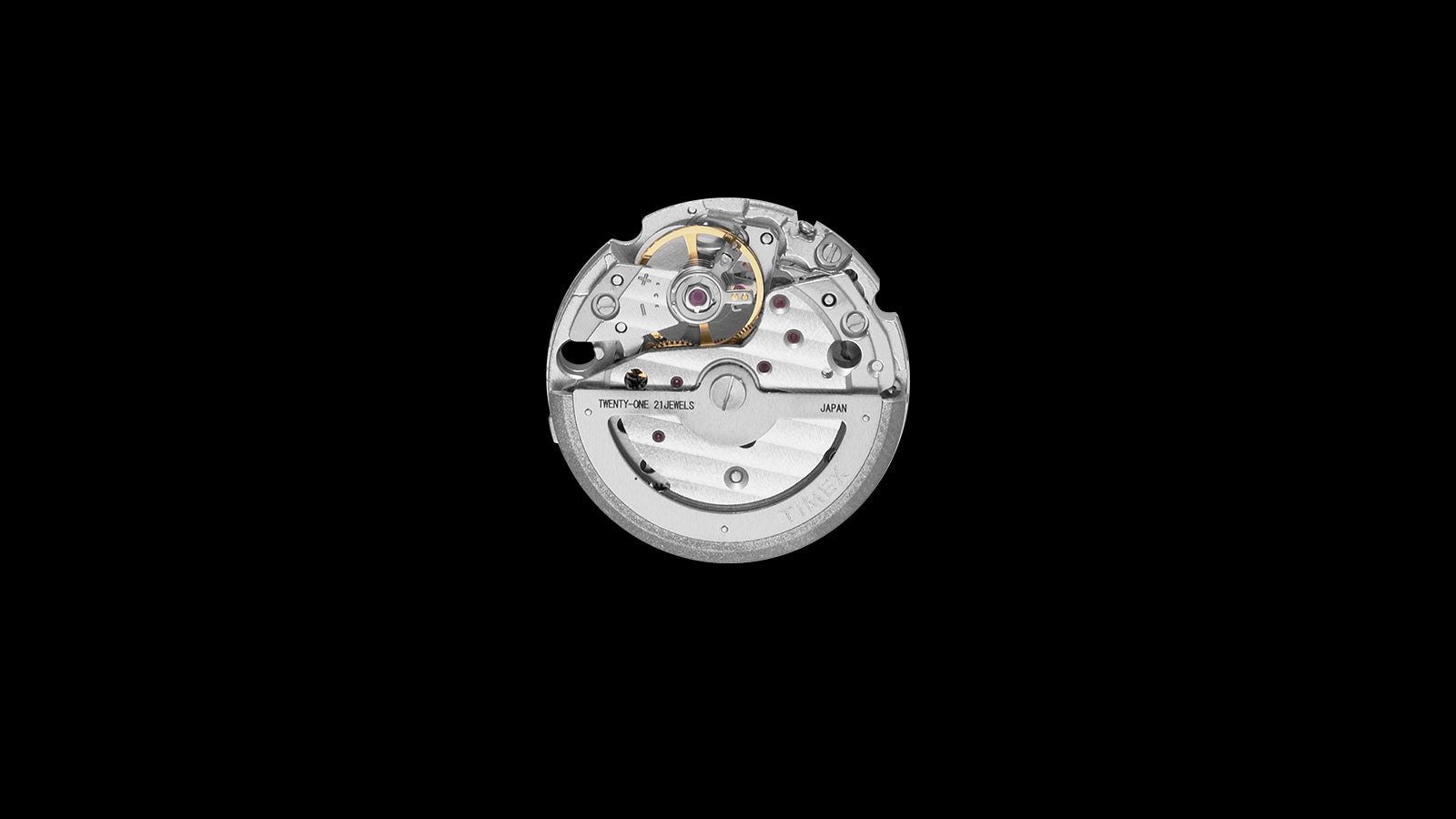 Close-up of the automatic movement inside the Timex Marlin® Jet Automatic, featuring 21 jewels and precision Japanese craftsmanship.