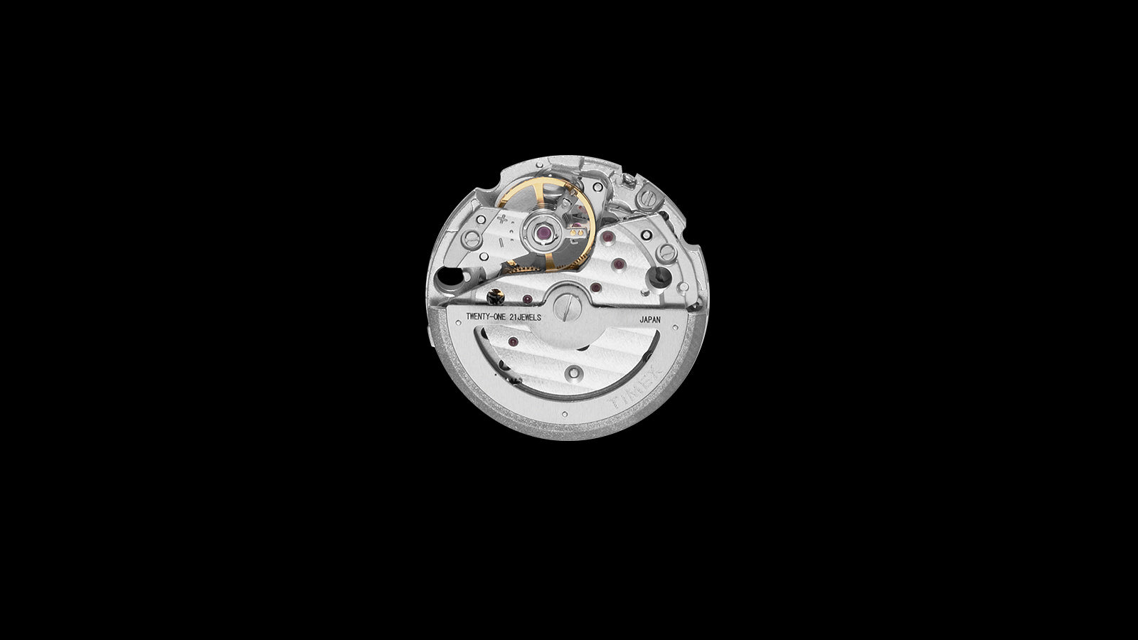 Close-up of the Timex Marlin® Jet Automatic movement, featuring 21-jewel construction and precision Japanese engineering.