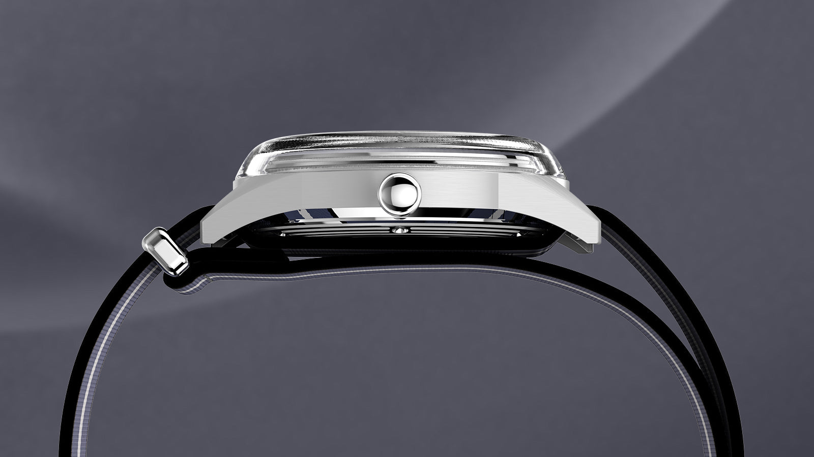 Side profile of the Timex Marlin® Jet Quartz watch, highlighting the slim stainless-steel case and domed crystal, with navy striped fabric strap.