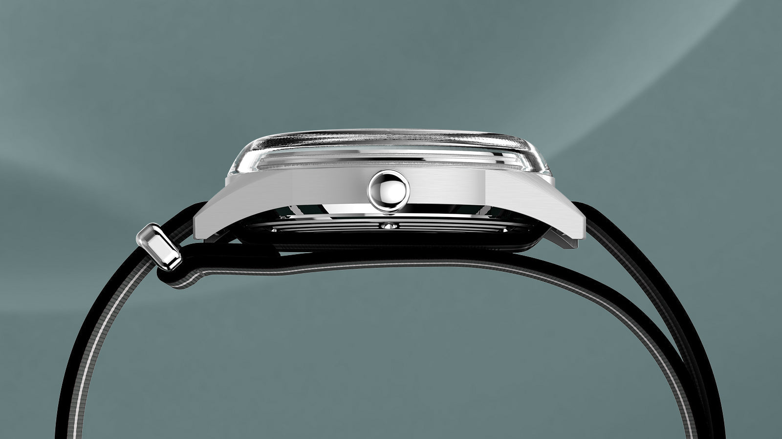 Side profile of the Timex Marlin® Jet Quartz watch with slim stainless-steel case, domed crystal, and striped green fabric strap.
