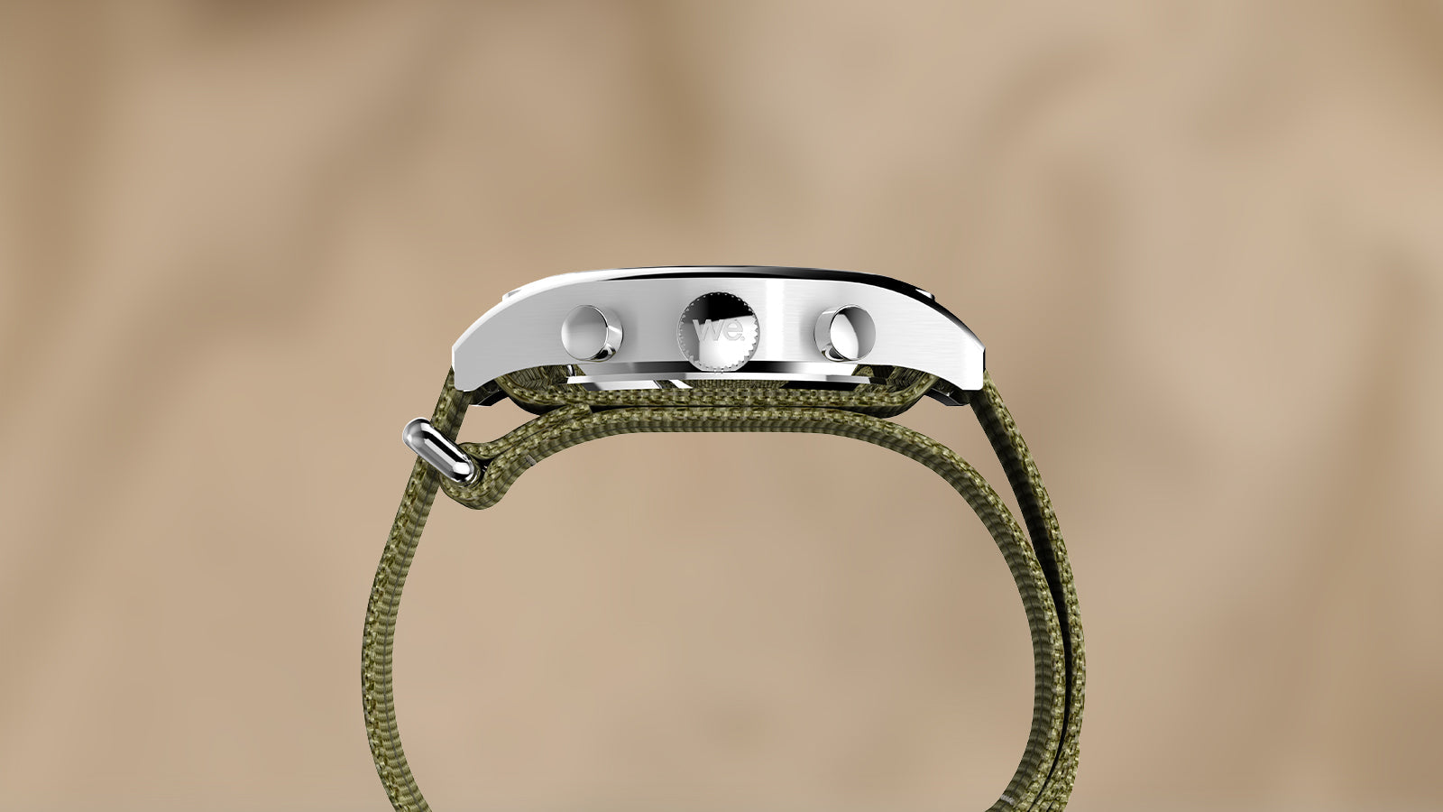 Side profile of the Weekender New England Chronograph showing slim stainless-steel case, crown and pushers, and olive fabric strap.