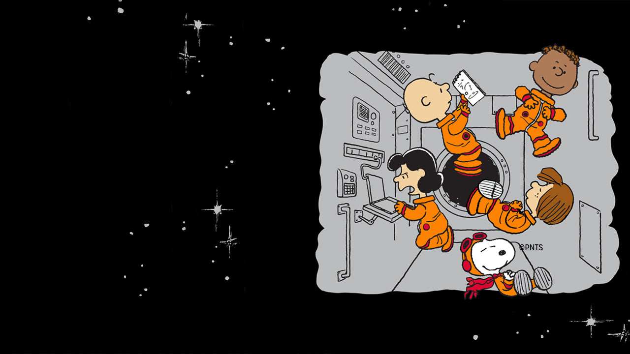 Illustration of Snoopy, Charlie Brown, Lucy, Franklin, and Peppermint Patty in orange space suits floating weightlessly inside a spacecraft, surrounded by control panels.