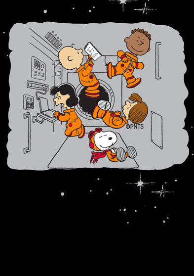 Illustration of Snoopy, Charlie Brown, Lucy, Franklin, and Peppermint Patty in orange space suits floating weightlessly inside a spacecraft, surrounded by control panels.