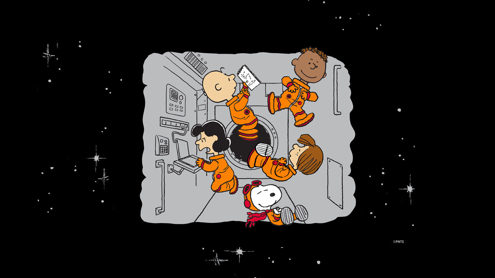 An illustration of Snoopy, Charlie Brown, Lucy, Franklin, and Peppermint Patty in orange space suits floating in zero gravity inside a spacecraft, surrounded by control panels and equipment.