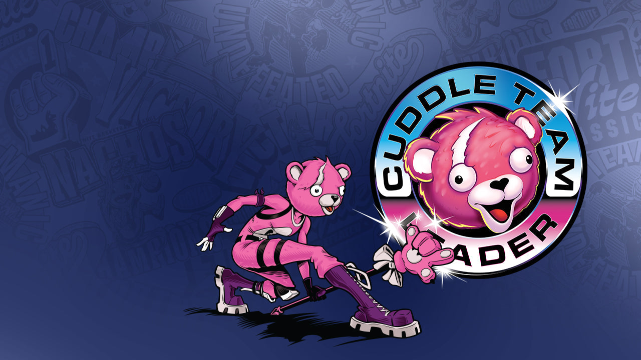 Illustration of Fortnite’s Cuddle Team Leader character beside the Timex x Fortnite Acadia Cuddle Team Leader logo on a deep blue Fortnite background.