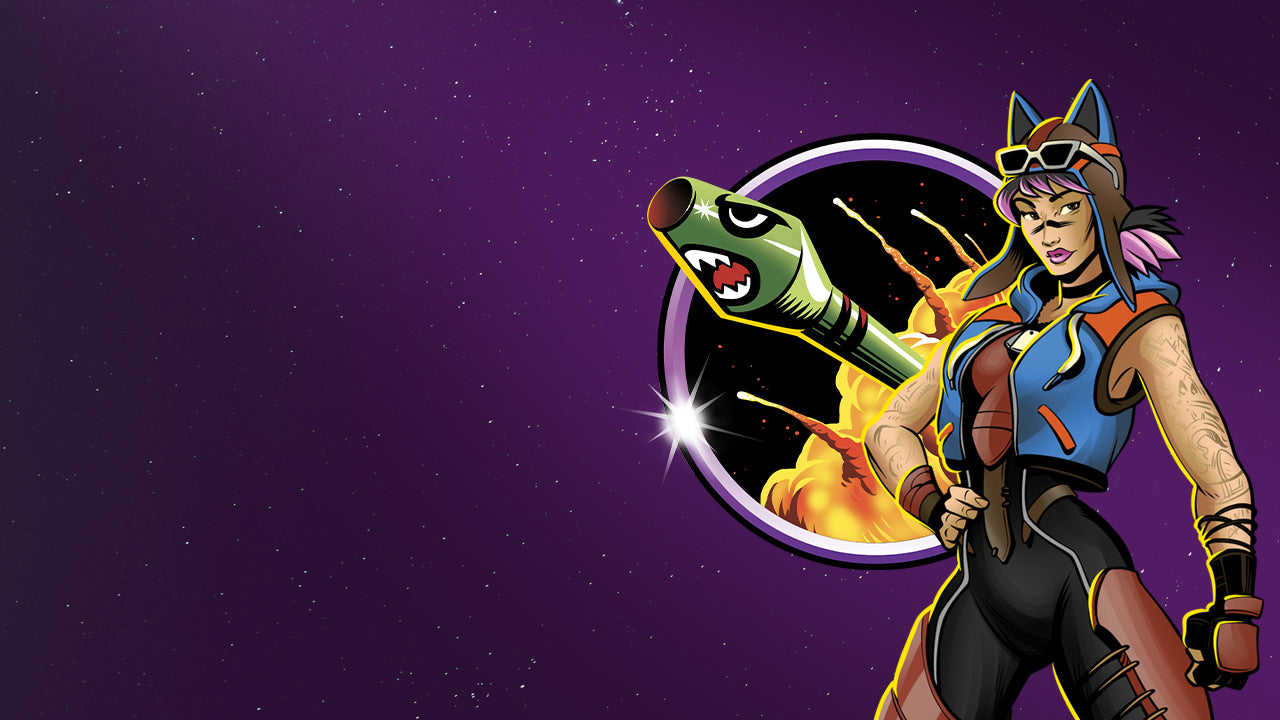 Illustration of a Fortnite character wearing a pilot-inspired outfit with cat ears and goggles, standing beside a graphic of a green rocket launching through an explosion on a purple starry background.