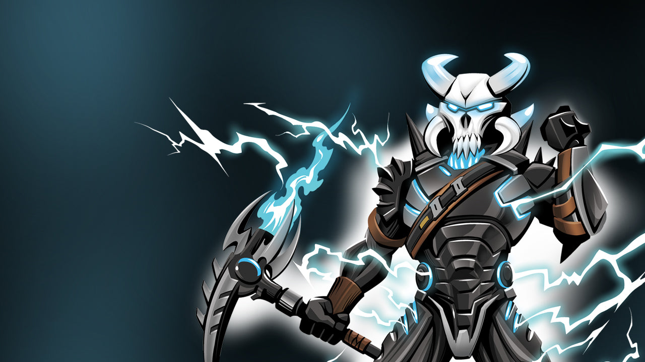 Fortnite Ice King character holding an electrified axe surrounded by lightning bolts, part of the Timex x Fortnite Weekender collaboration campaign.