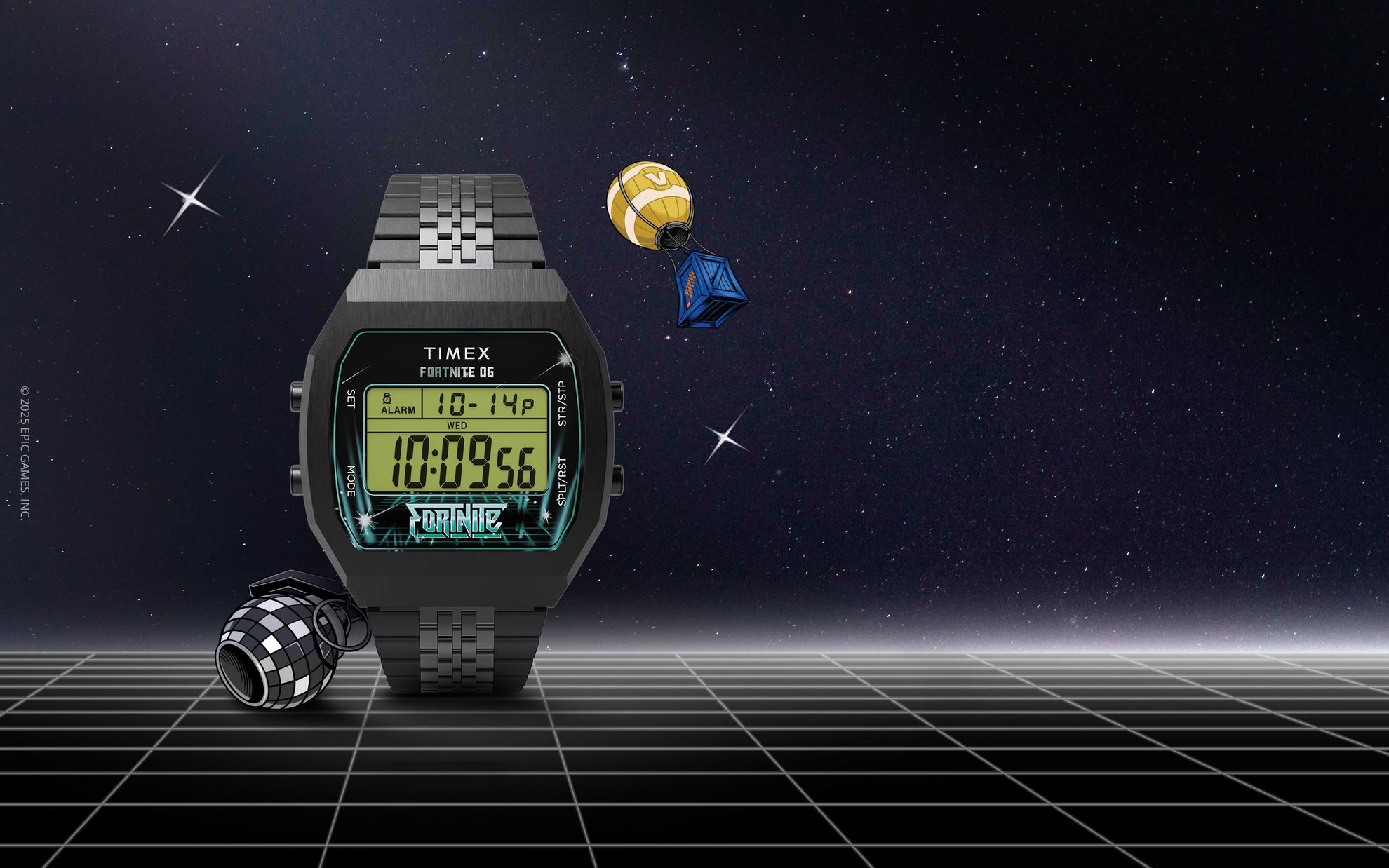 Timex x Fortnite T80 digital watch displayed on a futuristic grid with Fortnite-themed icons and loot crate graphics floating in space.