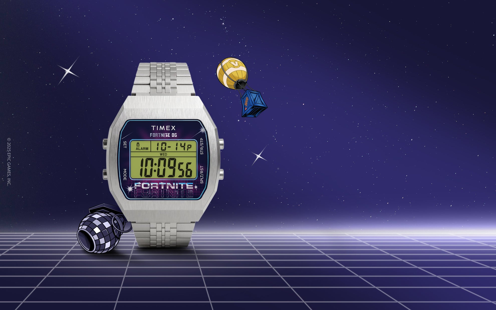 Timex x Fortnite T80 silver digital watch displayed against a starry purple background with Fortnite-themed items floating nearby, featuring the time 10:09 on the illuminated screen.