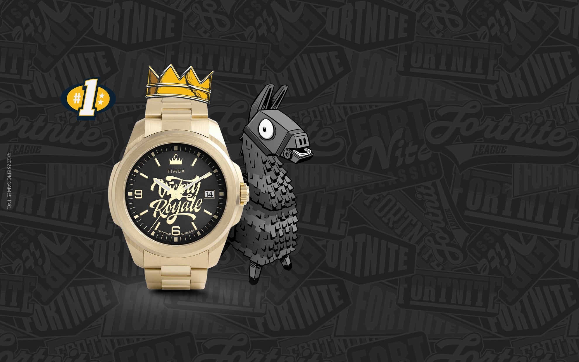 Timex x Fortnite Essex watch with golden crown motif and Fortnite Llama beside, on dark Fortnite-themed background.
