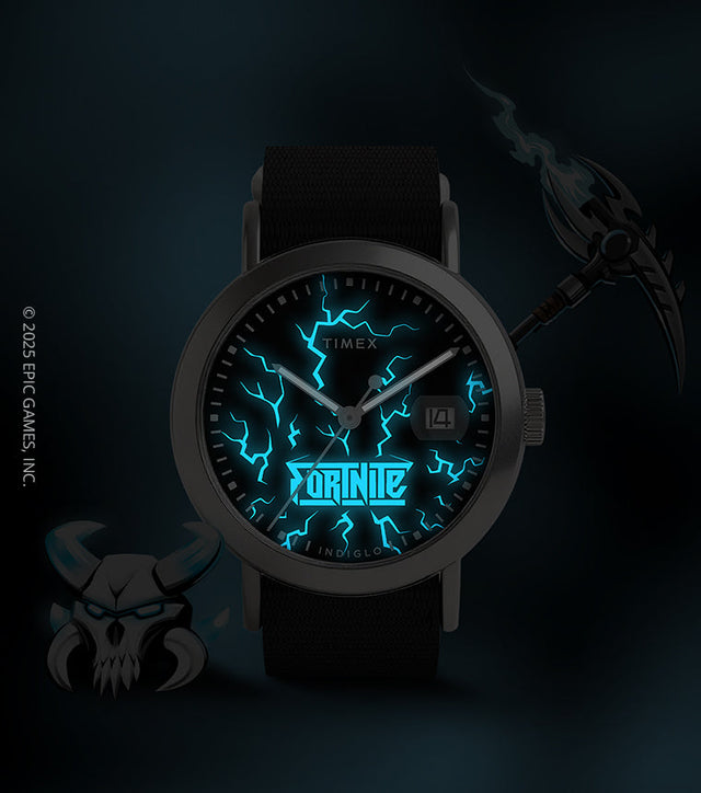 Timex x Fortnite Weekender watch featuring a black dial with Fortnite logo and Indiglo backlight design inspired by the Ice King theme.