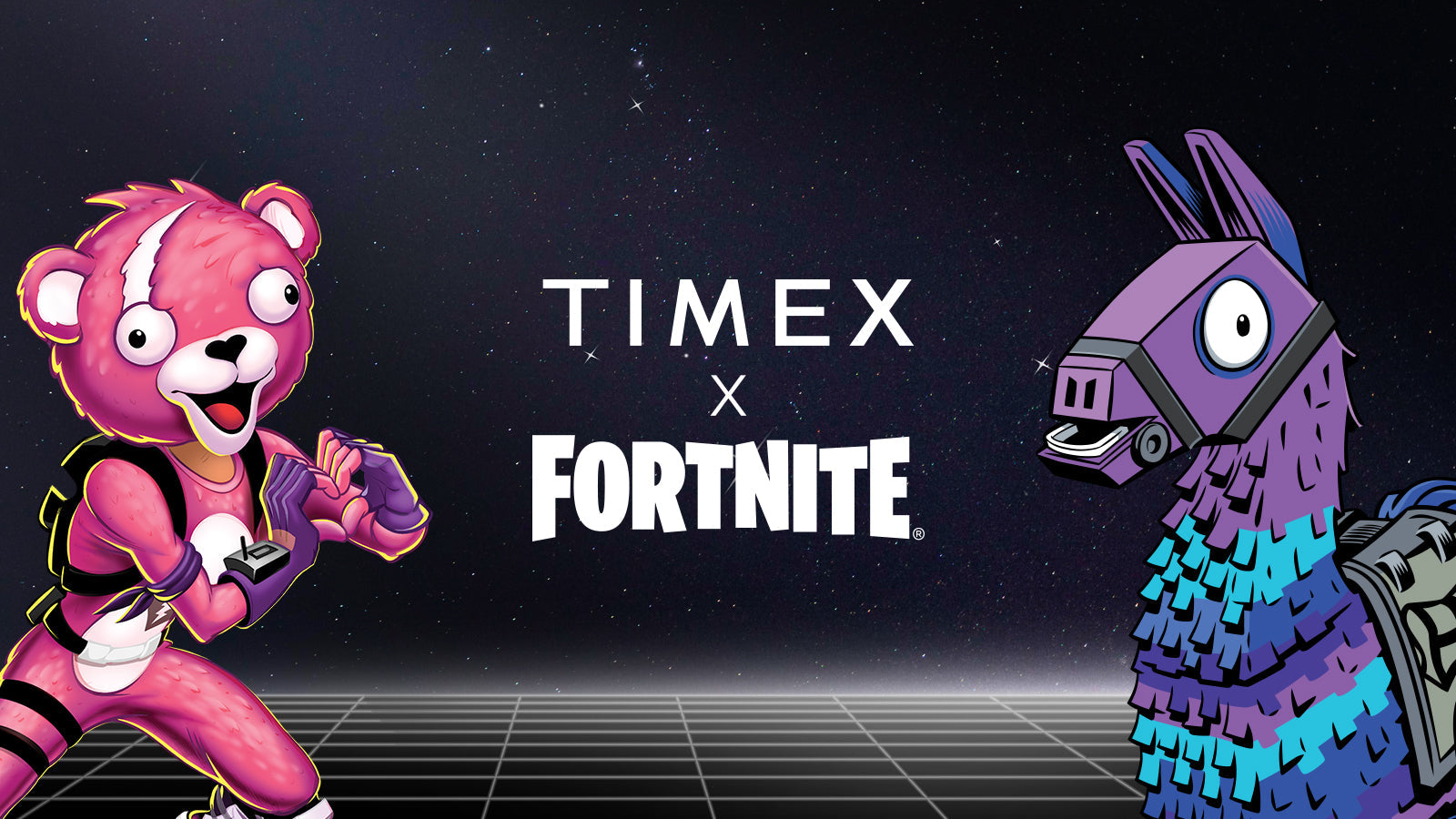 Timex x Fortnite collaboration banner featuring Fortnite characters against a starry night background with Timex and Fortnite logos in the center.