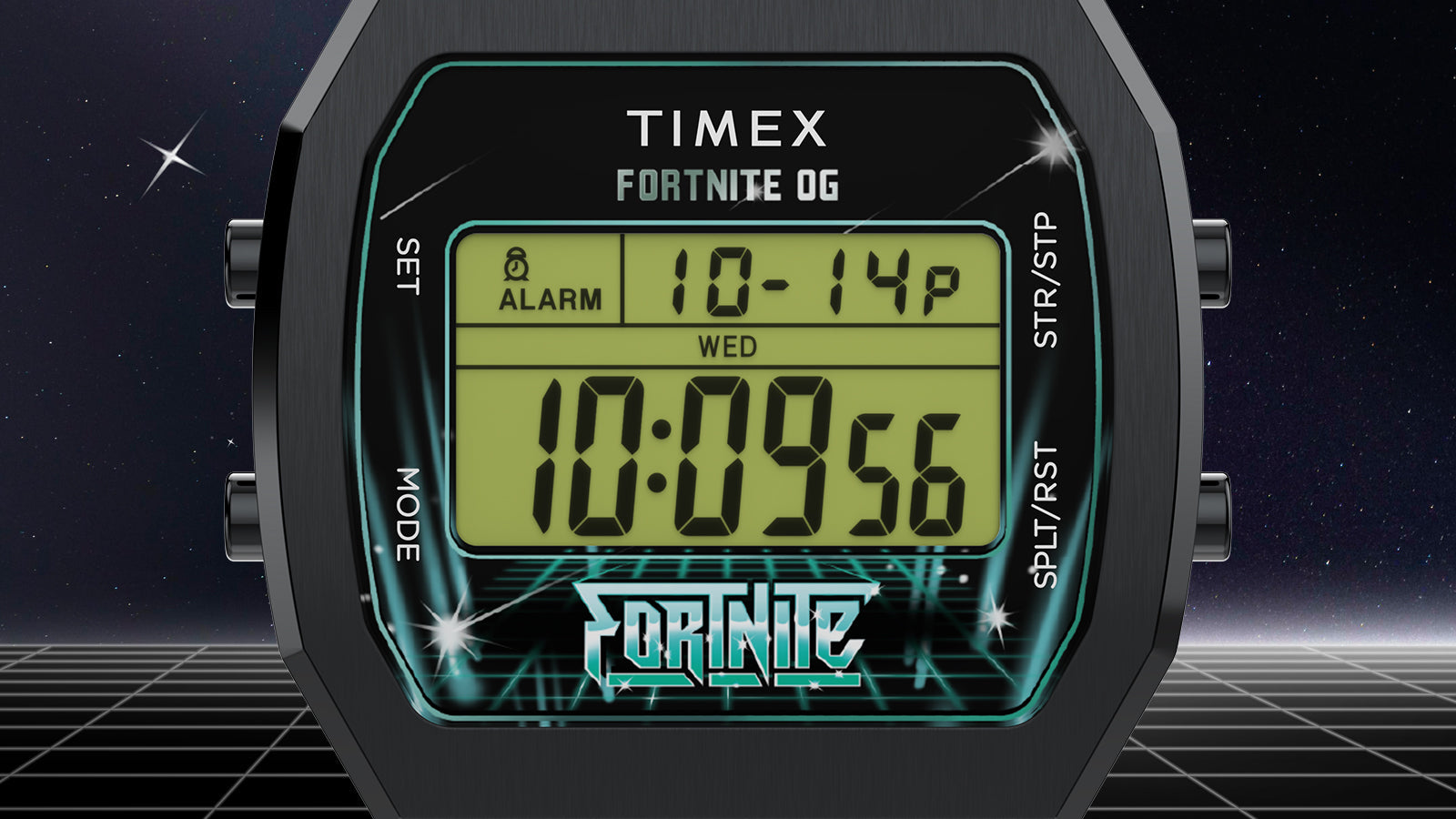 Close-up of Timex x Fortnite T80 digital watch display showing alarm, date, and time functions with Fortnite logo at the bottom.
