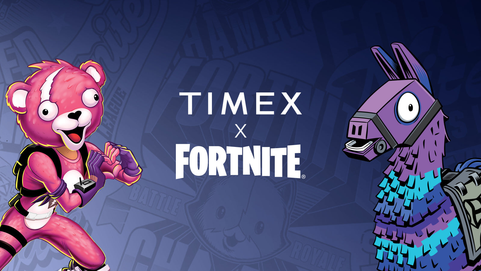 Timex x Fortnite collaboration banner featuring Fortnite’s Cuddle Team Leader character on the left and the Llama character on the right, with the Timex and Fortnite logos centered on a blue background with Fortnite-themed graphics.