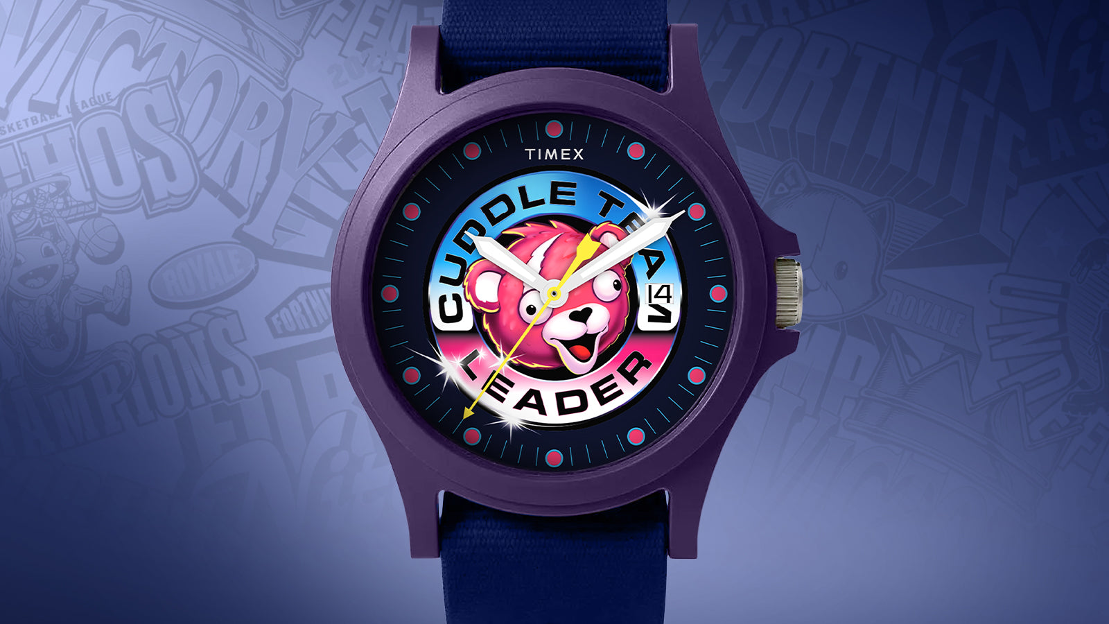 Front view of the Timex x Fortnite Acadia watch with Cuddle Team Leader graphic on the dial and bold blue strap, set against a Fortnite-themed background.