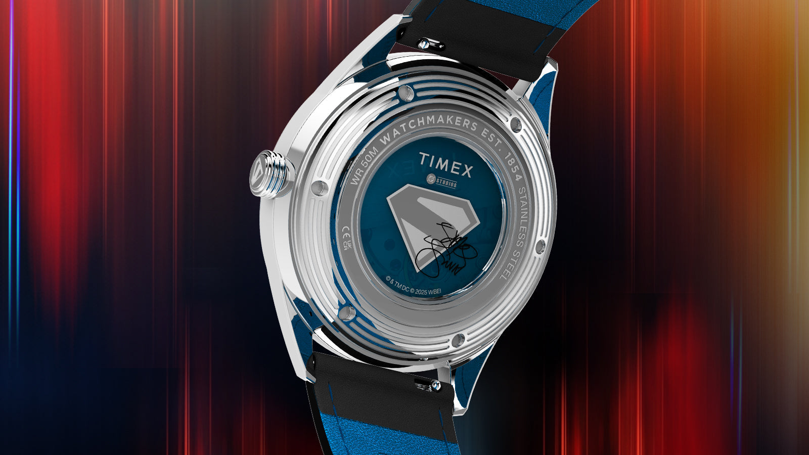 Rear view of the Timex Marlin watch displaying the stainless steel case back with Superman’s shield emblem and signature detail, along with “Timex” and water-resistance engraving.