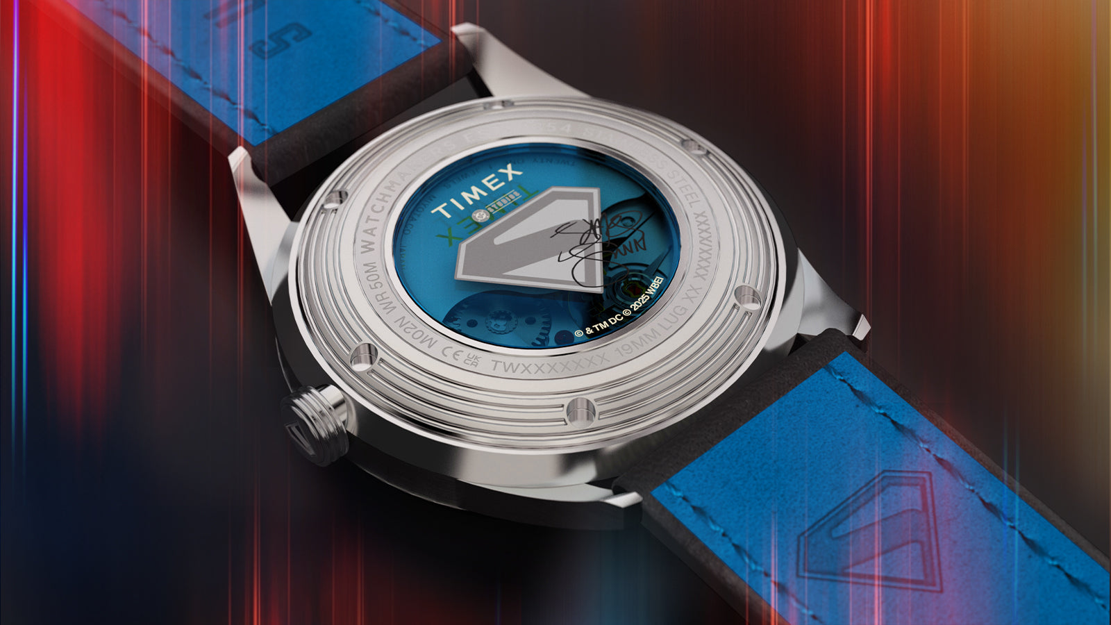 Detailed back view of the Timex x Superman Marlin® Jet Automatic, showing the transparent case back with visible movement and Superman’s emblem on the rotor.
