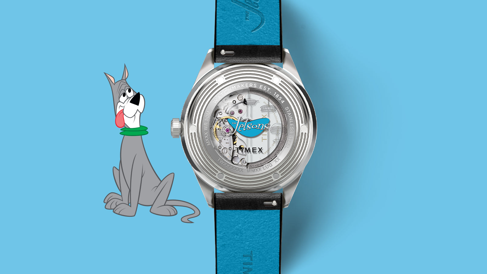 Back view of Timex Marlin Jet Automatic watch with transparent case revealing movement and The Jetsons logo, displayed with cartoon dog Astro on a light blue background.