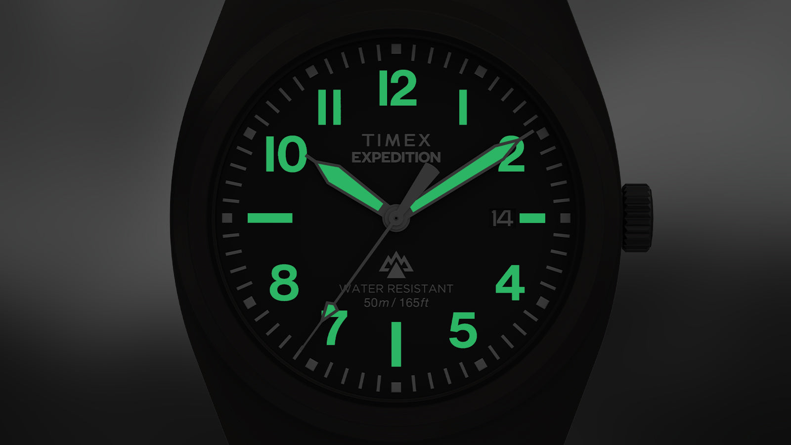 Close-up of the Timex Expedition® Capstone watch in low light, showcasing its bright green luminous numerals and hands on a black dial for excellent nighttime visibility.