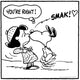 Peanuts® comic strip where the same girl kisses Snoopy on the nose, saying, “You’re right!” with a “SMAK!” sound effect and a heart symbol.