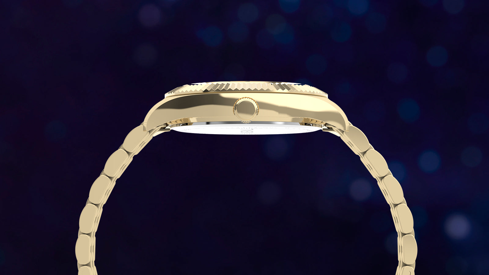 Side profile of the Timex Legacy gold-tone watch highlighting its slim case, fluted bezel, and polished bracelet links.