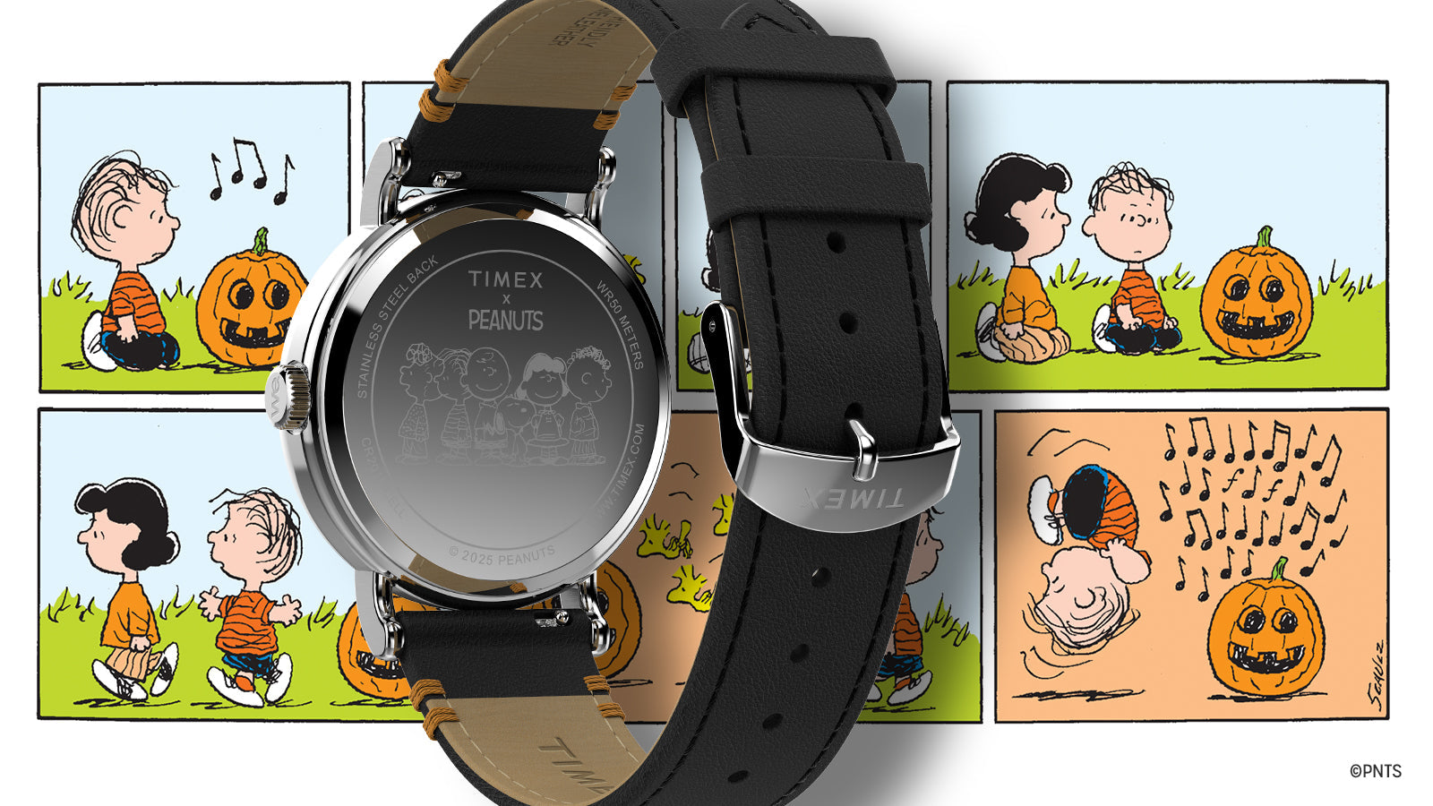 Back view of Timex x Peanuts® Weekender Pumpkin Dial watch showing black leather strap and stainless steel caseback engraved with Peanuts characters.