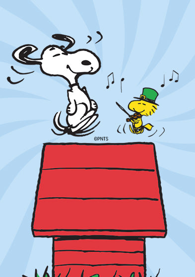 Illustration of Snoopy dancing on his red doghouse roof as Woodstock plays the violin nearby. The background is bright blue with musical notes, conveying a joyful, whimsical mood.