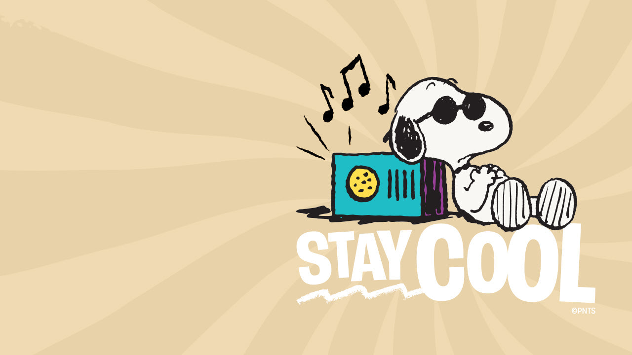 Illustration of Snoopy as “Joe Cool” lounging beside a retro radio with music notes above and the phrase “Stay Cool” in bold white text on a beige background.