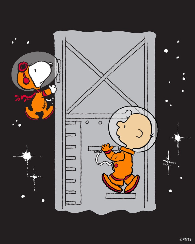 Illustration of Snoopy in a space helmet and red scarf, floating next to Charlie Brown climbing a spacecraft ladder in an orange astronaut suit, set against a black starry background.