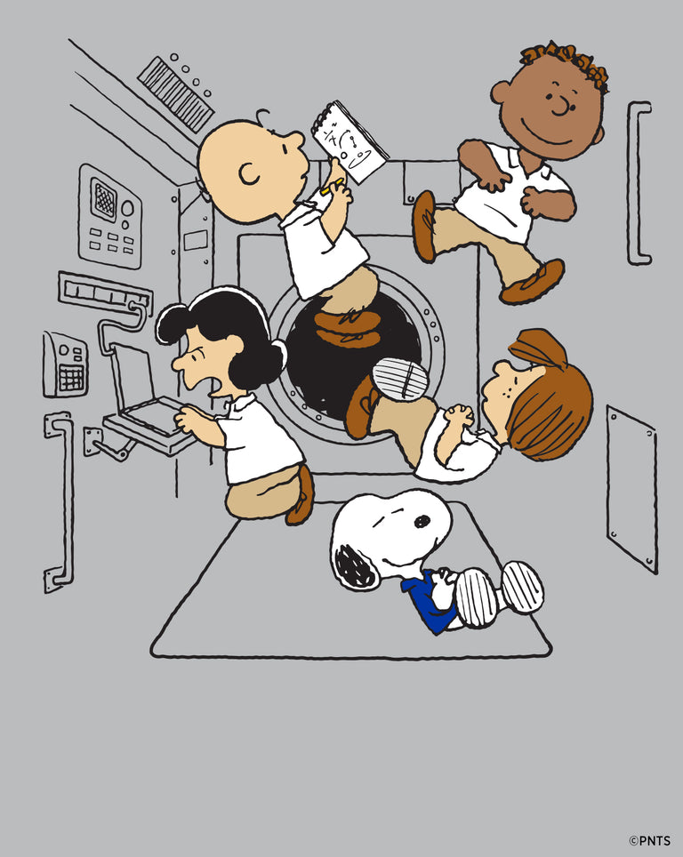 Illustration of Snoopy, Charlie Brown, Lucy, Franklin, and Peppermint Patty inside a spacecraft cabin, this time wearing casual clothes in white and blue instead of astronaut suits, floating weightlessly among control panels.