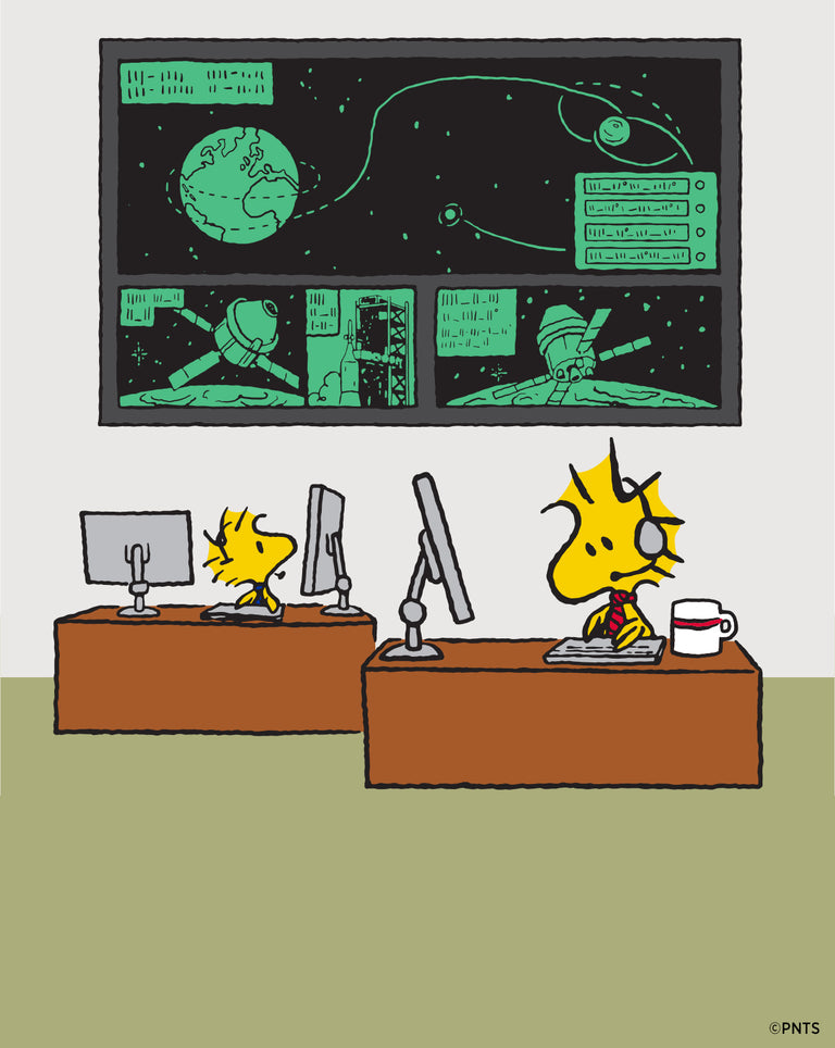 Illustration of Snoopy standing proudly on his red doghouse roof in a space helmet and aviator goggles, with a large orange planet and rings in the background, set in space with scattered stars.