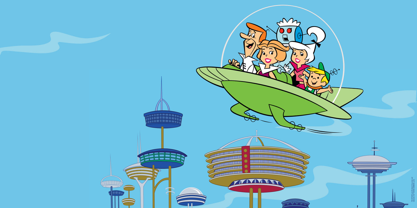 Colorful illustration of The Jetsons family flying in their green spaceship above a futuristic city skyline, promoting the Timex Marlin Jet Automatic x The Jetsons collaboration.