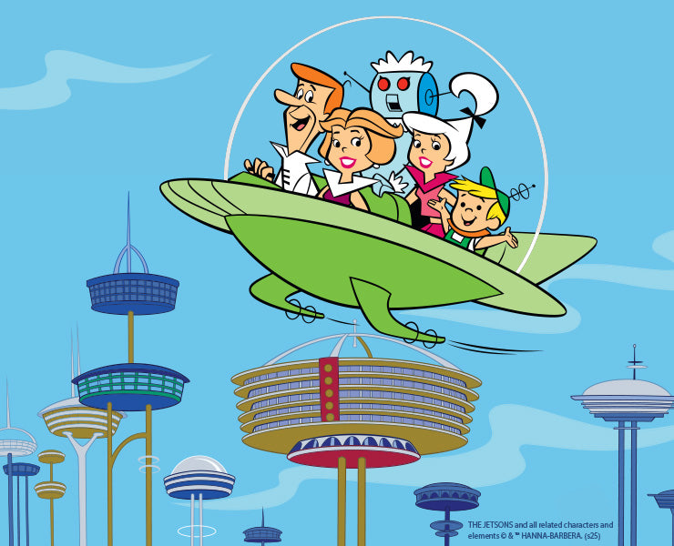 Colorful illustration of The Jetsons family flying in their green spaceship above a futuristic city skyline, promoting the Timex Marlin Jet Automatic x The Jetsons collaboration.