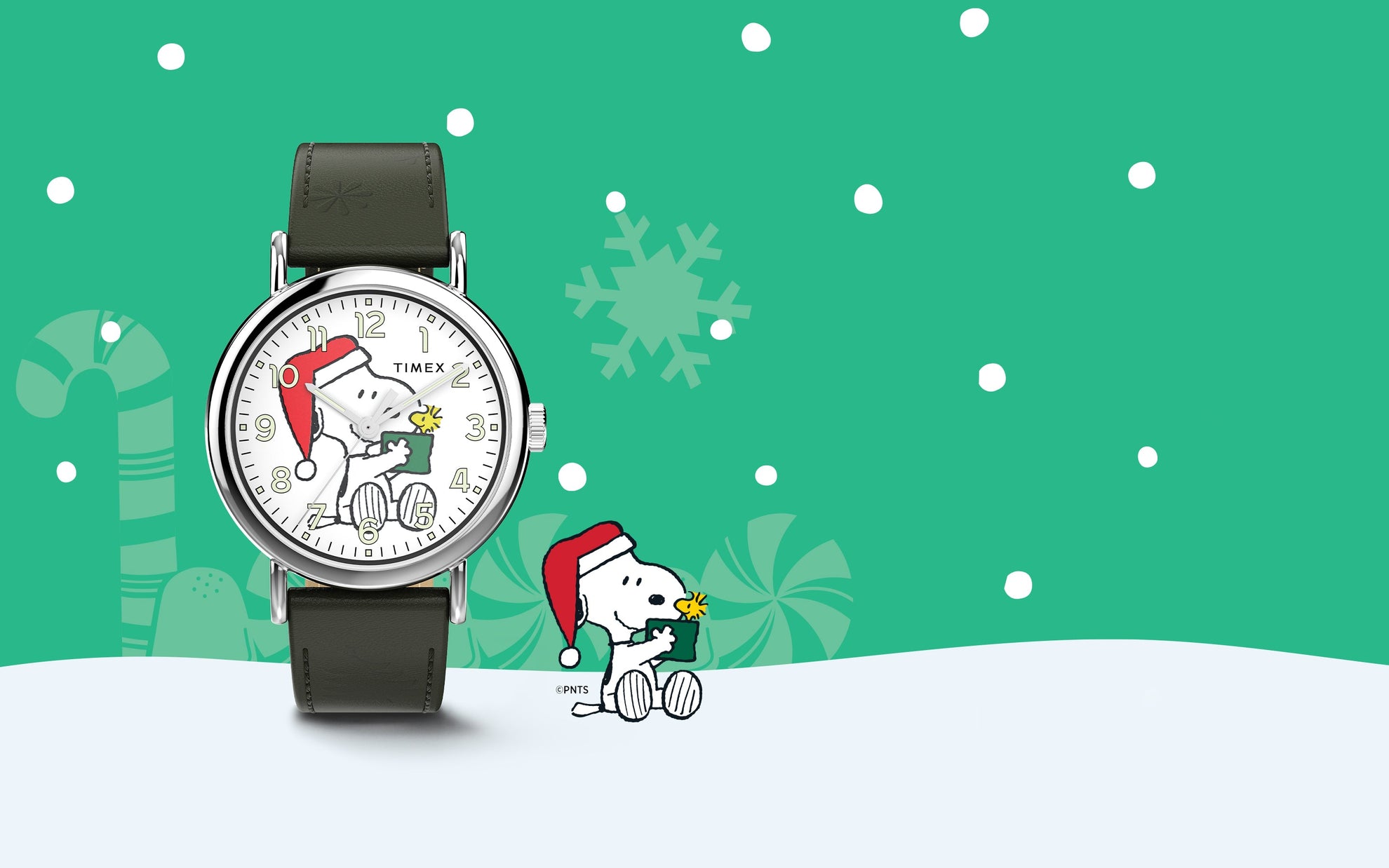 Timex x Peanuts® Weekender Holiday Dial watch beside an illustration of Snoopy in a Santa hat holding a gift for Woodstock, set against a festive green background with snowflakes and candy canes.